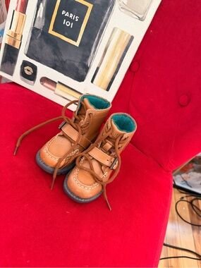 Polo by Ralph Lauren Tan Leather Kids Lace-Up Boots with Teal Lining